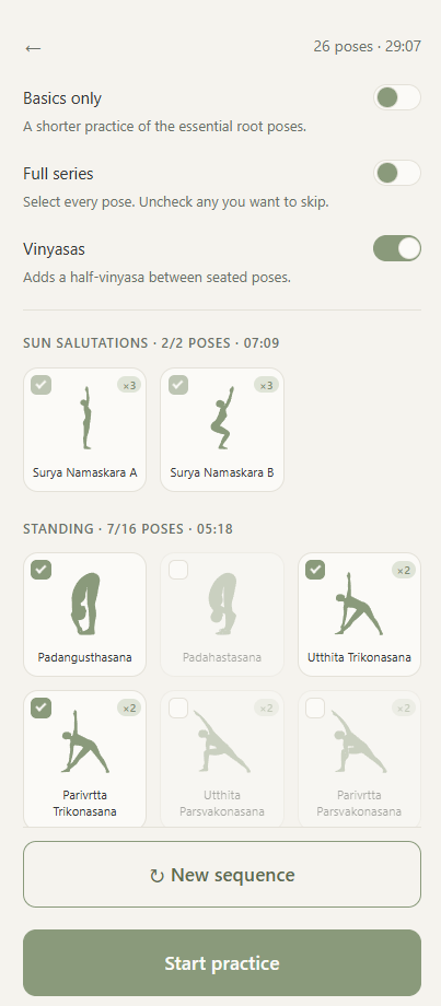 Practice overview showing the full pose sequence