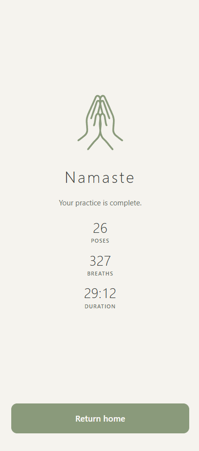 Namaste completion screen with practice summary